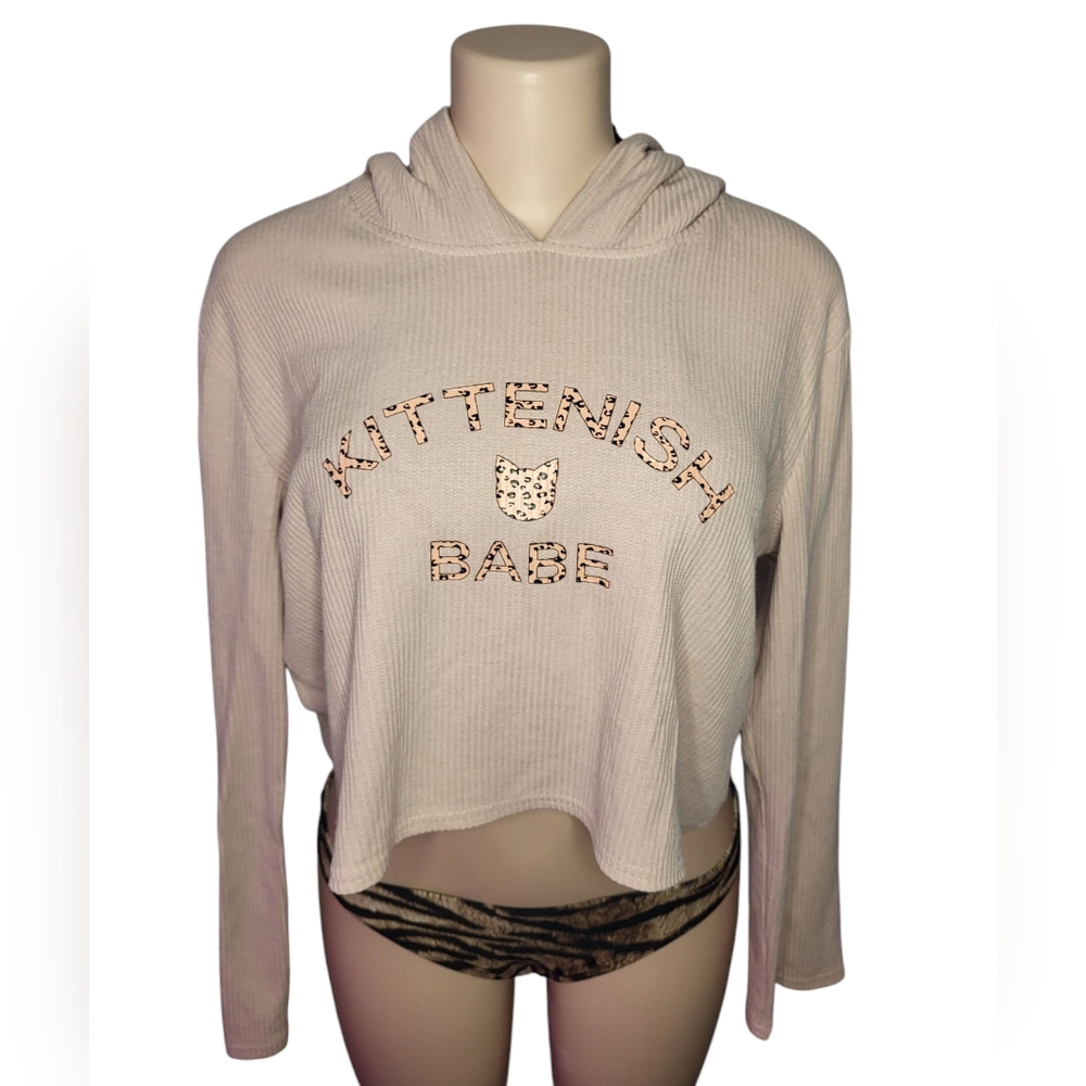 Kittenish Babe Cropped Waffle Knit Hoodie Pink Thermal Hoodie Animal Print